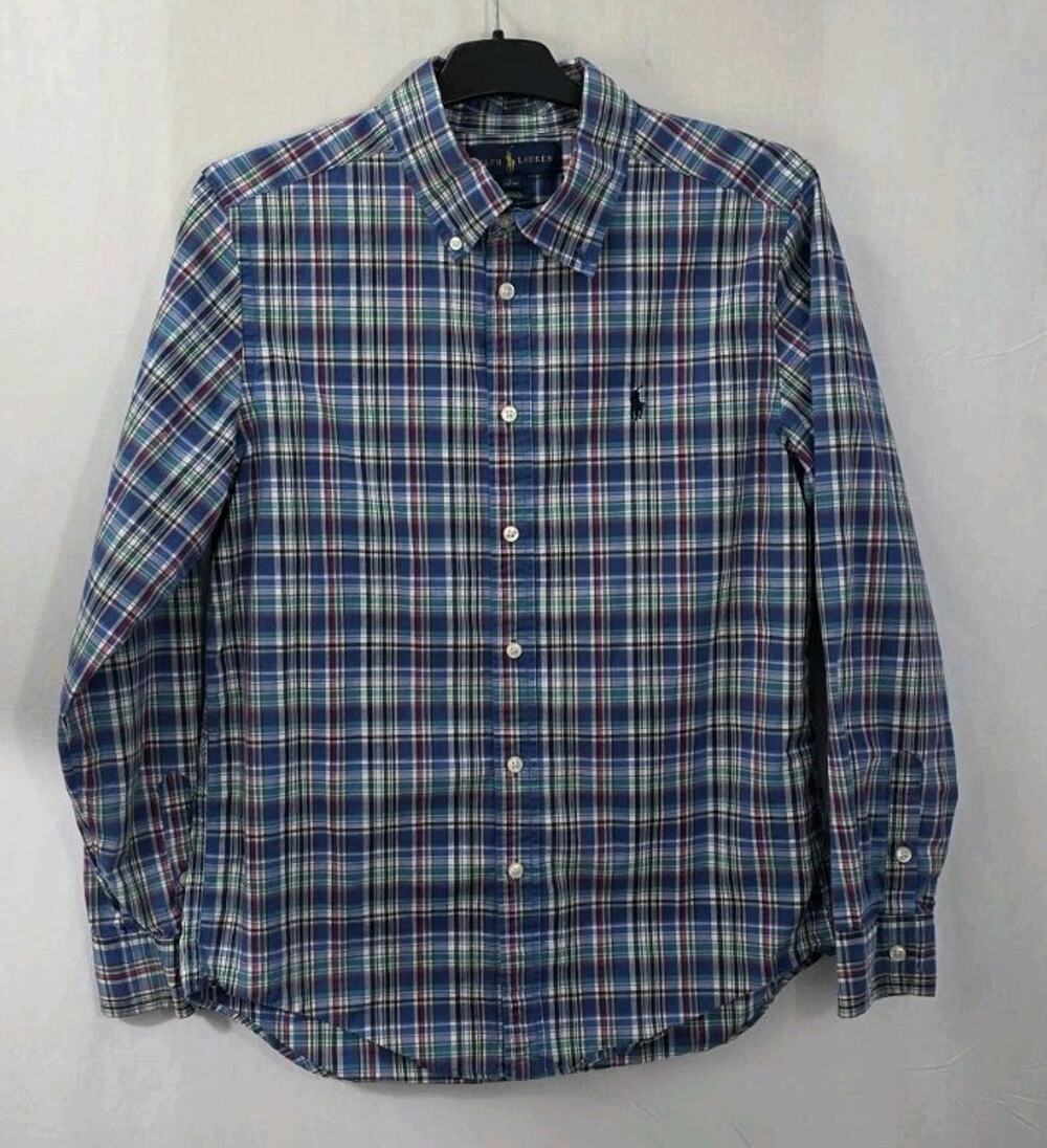 Ralph Lauren Boys Button Up Dress Shirt L 14-16 Plaid Multicolor Polo Pony Logo
